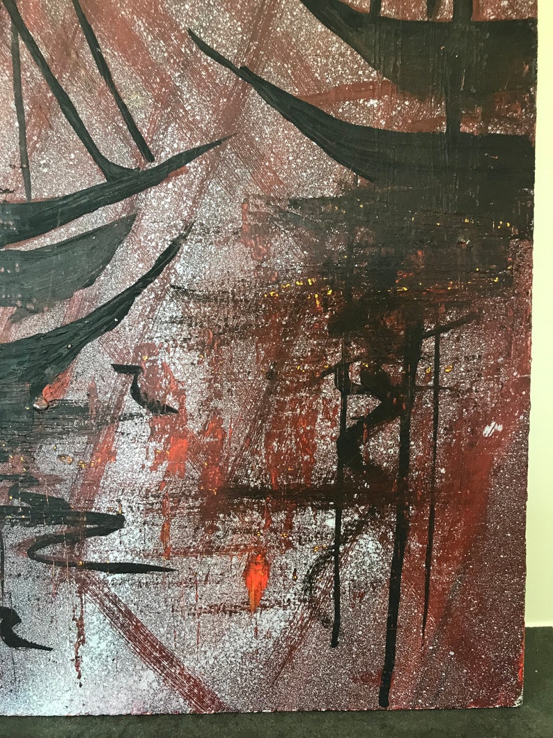 May include: Abstract painting with black and white brushstrokes on a red background. The painting has a textured surface and a speckled effect.