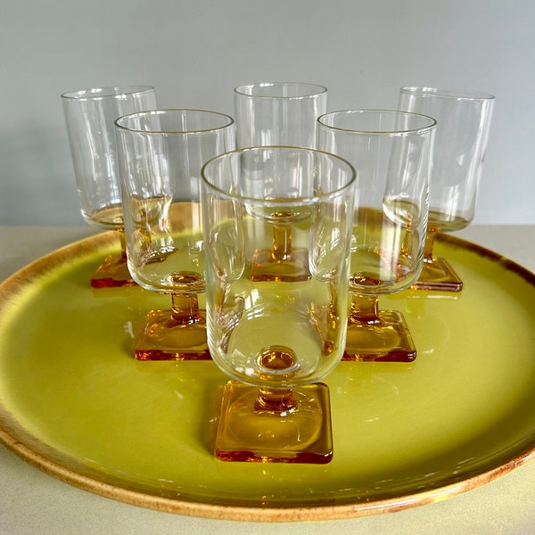 Set/6 Nordic Topaz 5 oz glasses, Federal Glass square base glasses, 1960s mod glassware, vintage barware