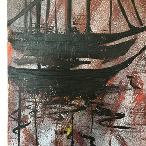 May include: Abstract painting of a boat in a harbor. The painting is done in black, white, and brown paint. The boat is silhouetted against a background of water and sky.