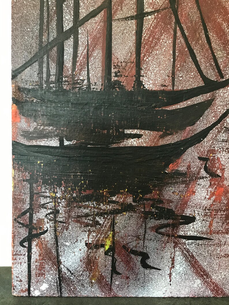 May include: Abstract painting of a boat in a harbor. The painting is done in black, white, and brown paint. The boat is silhouetted against a background of water and sky.
