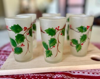 Set/6 handbemalte Weihnachtsgläser, klassische Weihnachtsbarware, gefrostete Highball-Weihnachtsgläser, Vintage-Weihnachtsglas, Eisteeglas