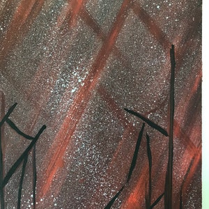 May include: Abstract painting with a dark brown background and red diagonal lines. The painting is covered in white speckles and has black lines forming a geometric pattern.