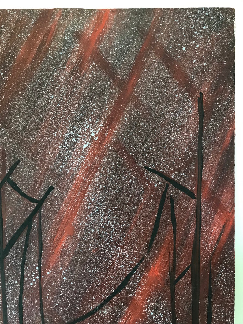May include: Abstract painting with a dark brown background and red diagonal lines. The painting is covered in white speckles and has black lines forming a geometric pattern.