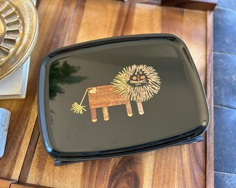 Couroc serving tray, whimsical lion motif, vintage MCM Couroc of Monterey, black lacquer serving tray, mid century decor, vintage barware