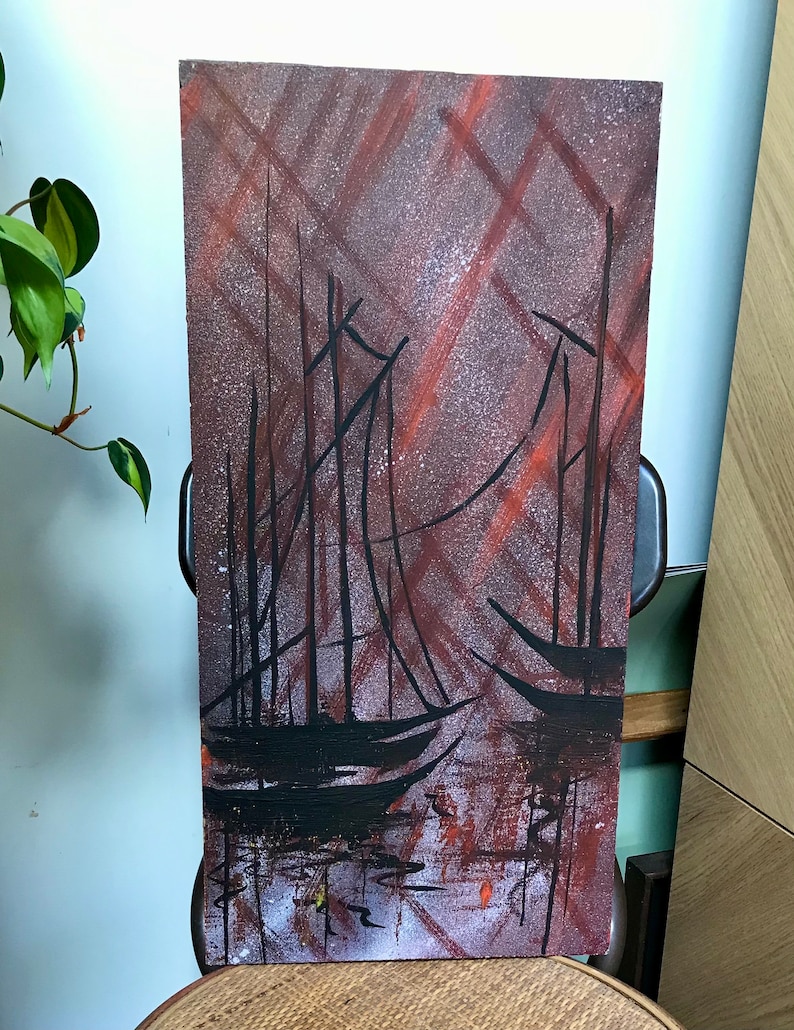 May include: Abstract painting of ships in a harbor with a red and brown background. The ships are black and the water is a light blue.
