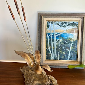 MCM brutalist sculpture, metal and driftwood cattail sculpture, vintage modern organic home decor, sculpture in the style of Curtis Jere