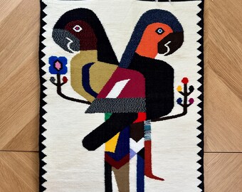 Peruvian parrot wall hanging, colorful hand woven fiber art, boho eclectic wall decor, vintage ethnic folk art