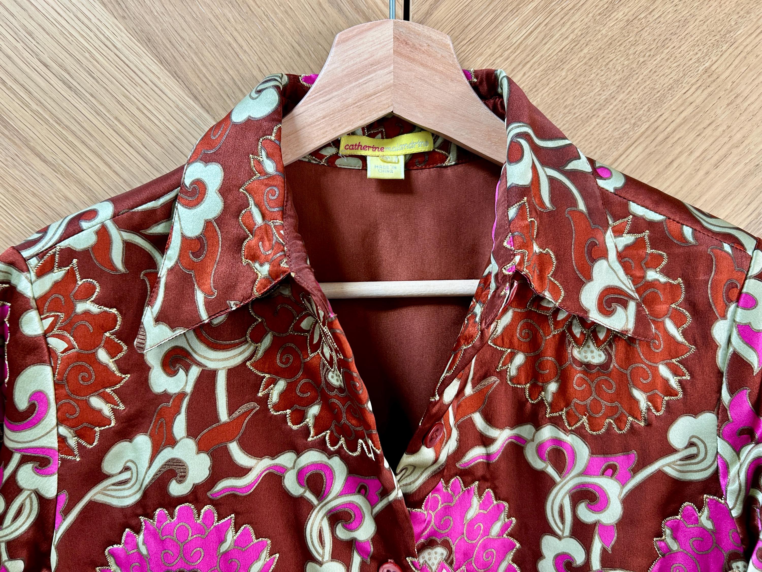 Silk brocade blouse, rust gold pink patterned shirt jacket, vintage Catherine Malandrino blouse, 90s vintage fashion