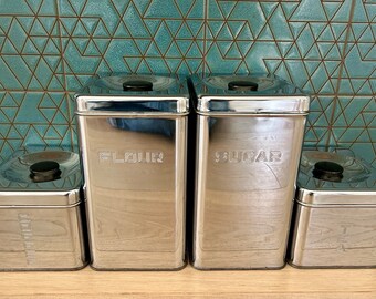 Set/4 Lincoln Beautyware chrome canisters, mid-century kitchen decor, vintage MCM housewares, retro kitschy kitchen collectibles