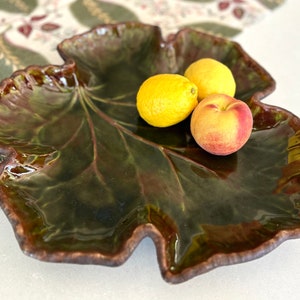 Vintage grape leaf serving dish, green and brown glazed pottery, Mid-Century ceramic leaf snack platter, vintage decorative serving dish