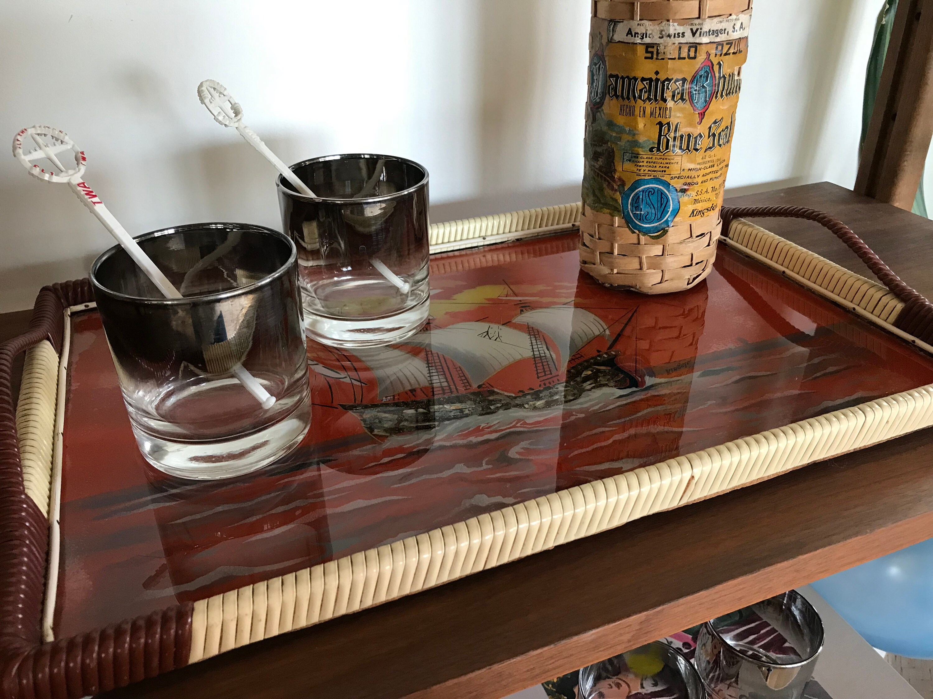 Vintage Ship Serving Tray, Reverse Painted Glass With Shell Inlay, Red ...