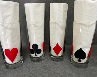 Set/4 card suit highball glasses, MCM cocktail glassware, colorful vintage barware, Mid-century decor, game night poker night glassware
