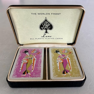 Lane geisha playing cards set, vintage boxed card decks, 60s design playing cards, game night, hostess gift, geisha motif double deck