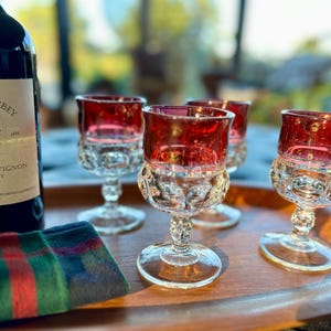 Set/4 Tiffin Kings Crown ruby goblets, vintage MCM glassware, 7oz wine glasses, mid-century barware, 1960s table decor, red flash glasses
