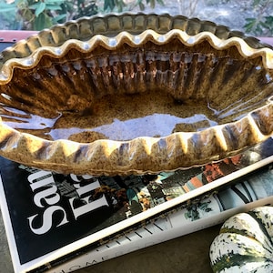 MCM ceramic bowl, fluted oval shape, gold speckle glaze, White of California, vintage California pottery, mid-century planter