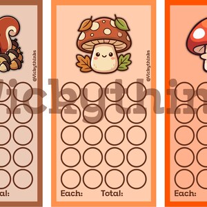 May include: Three rectangular savings trackers with rounded corners. The first features a squirrel with acorns, the second a mushroom with leaves, and the third a red mushroom. Each includes a grid of sixteen circles and text reading Each: Total:.