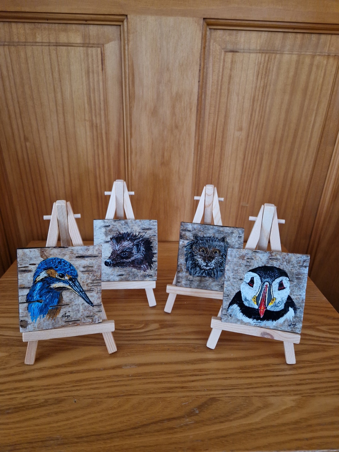 Original Wood Art, Original Painting on Bark, Mini Art & Easel, Unique