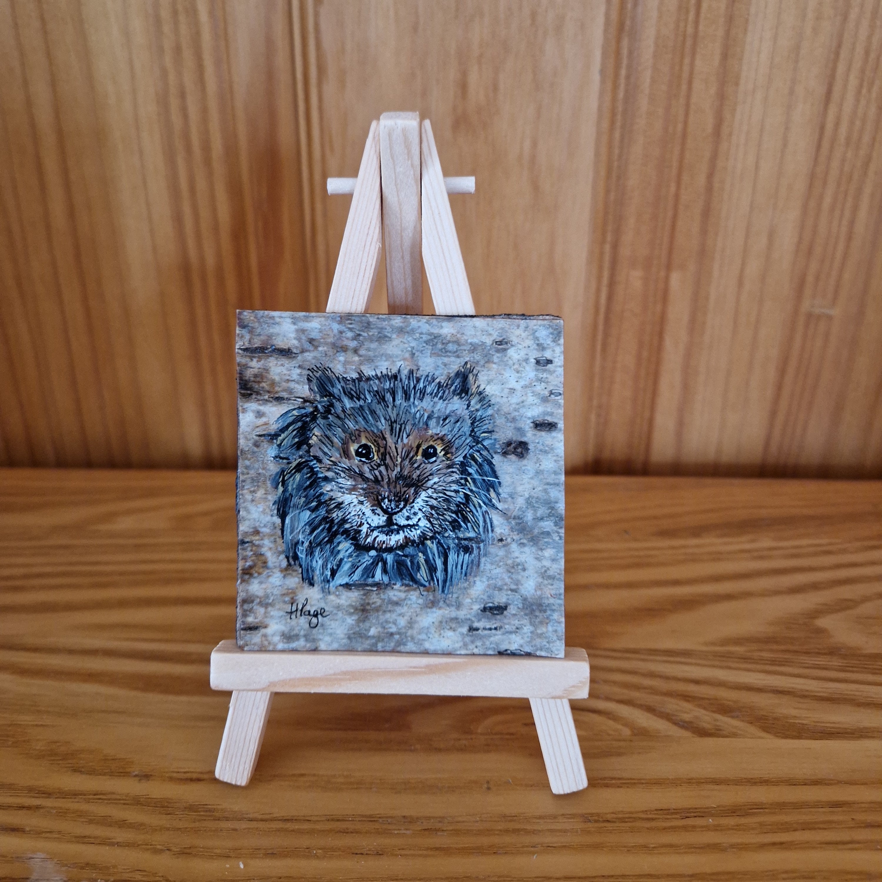 Original Wood Art, Original Painting on Bark, Mini Art & Easel, Unique