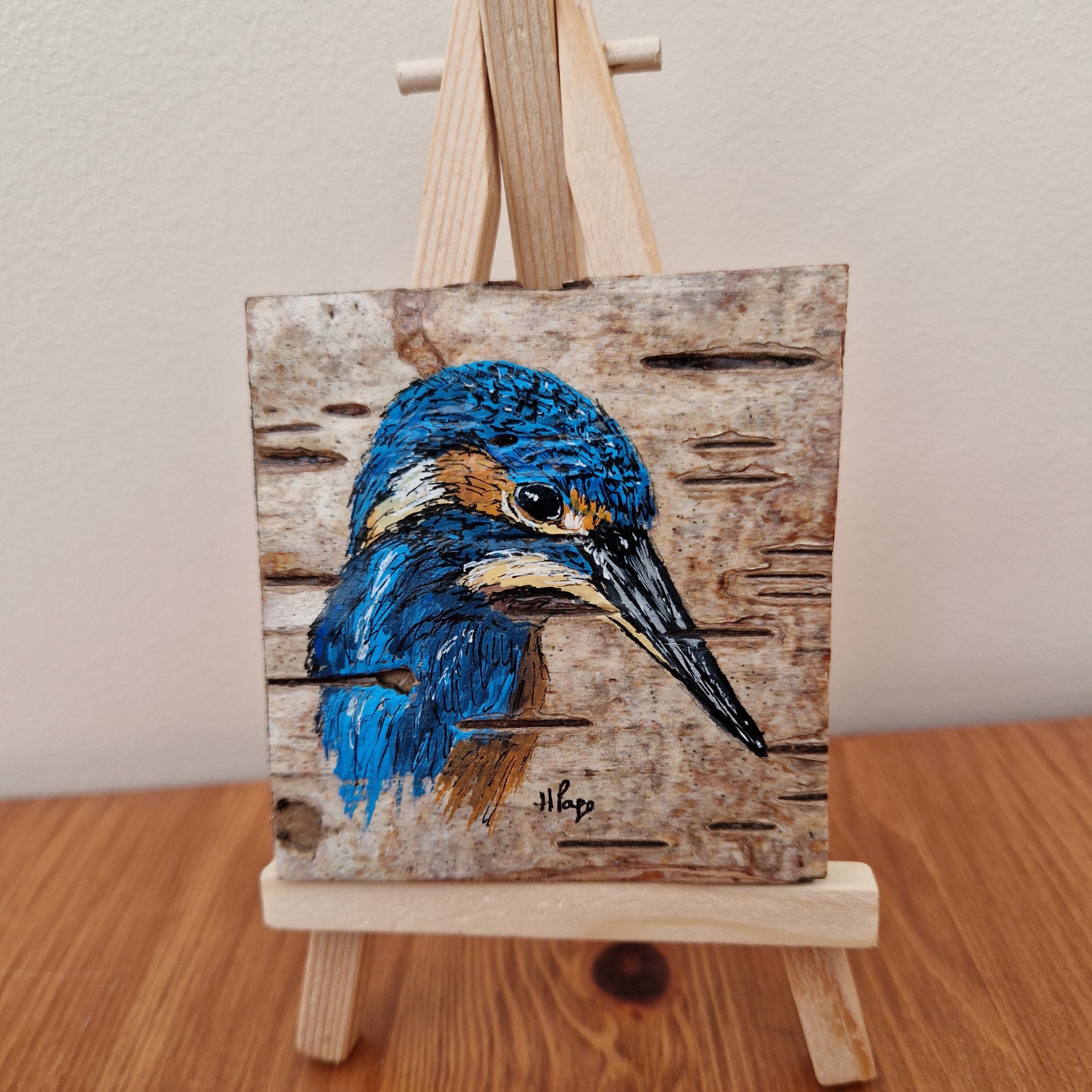 Original Wood Art, Original Painting on Bark, Mini Art & Easel, Unique