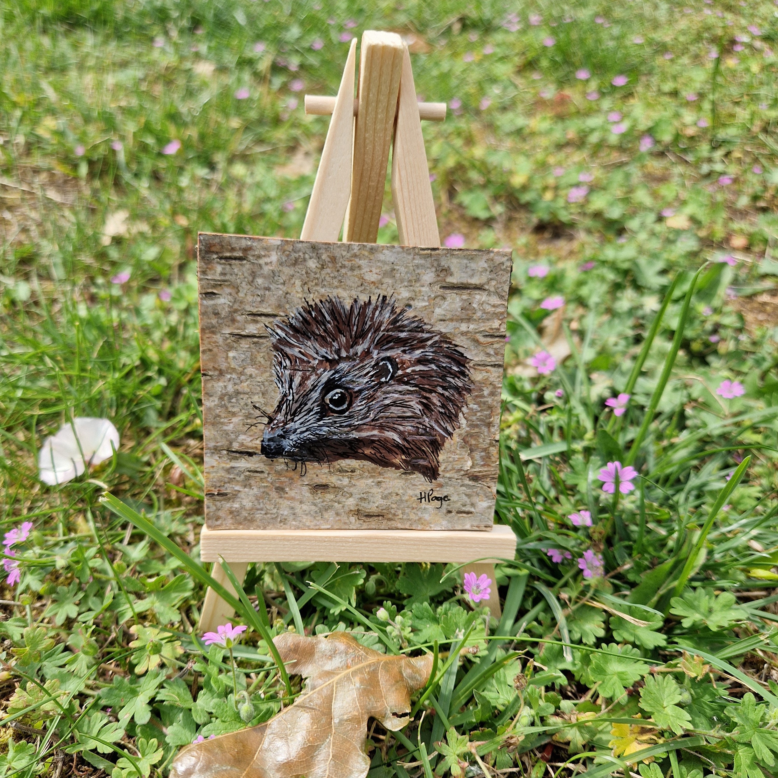 Original Wood Art, Original Painting on Bark, Mini Art & Easel, Unique