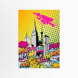 Superhero Pop Art poster, Pop art print, Pop art wall art, Comic style art, Comic book decor, Colorful wall art, Funny wall art