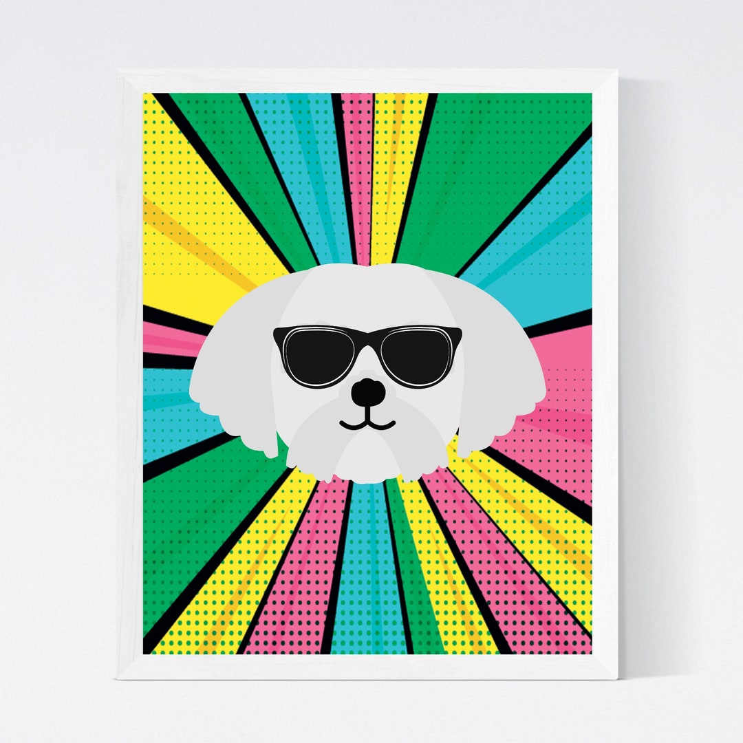 Maltese Dog Pop Art Wall Art, Sunglasses Dog Art, Pop Art Decor, Dog
