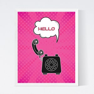 Pop art print, Pink pop art, Pop art wall decor, Cartoon wall art, Printable wall art,Old telephone decor,Hot pink wall art,Instant download
