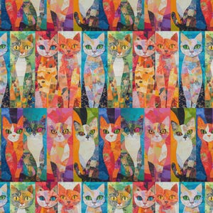 May include: A colorful repeating pattern featuring stylized cat illustrations. Each cat is depicted in a patchwork style with vibrant hues of orange, blue, green, and pink. The design is a repeating vertical arrangement of the cat figures.