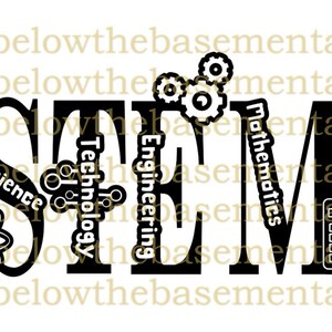 May include: Black and white graphic design of the word STEM with each letter representing a subject: Science, Technology, Engineering, and Mathematics. The 'S' has an atom symbol, the 'T' has gears, the 'E' has gears, and the 'M' has a calculator.