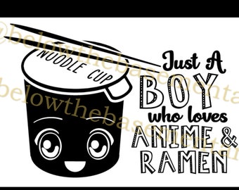 Könnte beinhalten: Schwarz-weiß-Illustration eines Ramen-Nudelbechers mit einem Gesicht und Essstäbchen. Der Text "Just a Boy who loves Anime & Ramen" steht neben dem Becher.