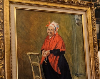 Vintage Oil 1985 Catholic Woman by A. E. Bloomquist, Signed Oil Painting with Original Gold Frame