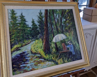 Landscape scene by River, Heidi Poey, MN artist, 1998 Oil on canvas, gold frame included, vintage art