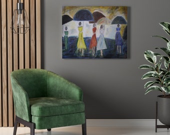 Umbrella Painting Stretched Canvas, canvas mixed media painting, abstract art, signed