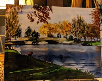 Vintage Watercolor Painting by Margaret E. Brewster, Fall Colors and Trees by Bridge 1978
