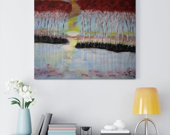 Red Trees at Sunset Painting Stretched Canvas, canvas mixed media painting, abstract art, landscape art signed