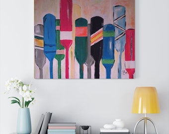 Vintage Paddles Painting Stretched Canvas, canvas mixed media painting, abstract art, Modern art signed
