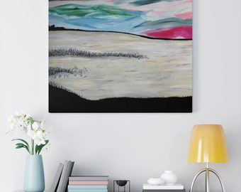 Shawano Lake WI at Sunset Painting Stretched Canvas, canvas mixed media painting, abstract art, landscape art, WI artist