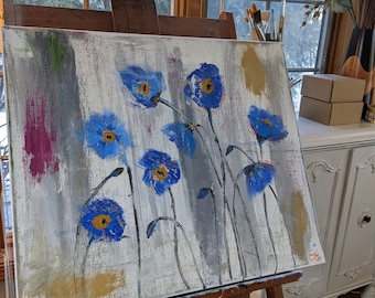 Blue Windflowers, canvas acrylic painting, abstract art, stretched canvas
