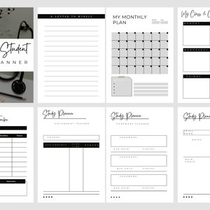 May include: A printable nursing student planner with sections for a letter to self, monthly plan, class and clinical schedule, assignment tracker, and study planner.