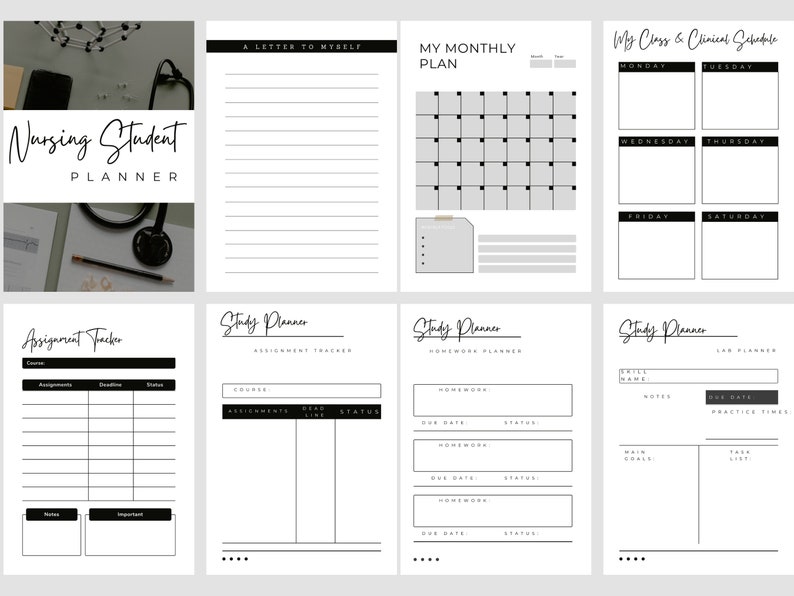 May include: A printable nursing student planner with sections for a letter to self, monthly plan, class and clinical schedule, assignment tracker, and study planner.