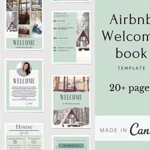 May include: A green and white printable template for an Airbnb welcome book. The template includes a table of contents, a welcome message, a house guide, and tips for your stay. The text on the template reads "Airbnb Welcome Book Template 20+ pages Made in Canva".
