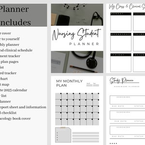 May include: A printable nursing student planner with a black and white design. The planner includes a monthly calendar, class and clinical schedule, study plan pages, to-do list, and more.