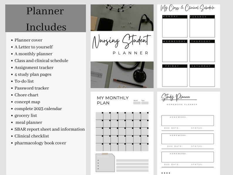 May include: A printable nursing student planner with a black and white design. The planner includes a monthly calendar, class and clinical schedule, study plan pages, to-do list, and more.