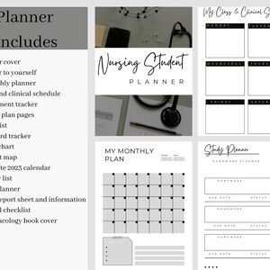 May include: A printable nursing student planner with a black and white design. The planner includes a monthly calendar, class and clinical schedule, study plan pages, to-do list, and more.
