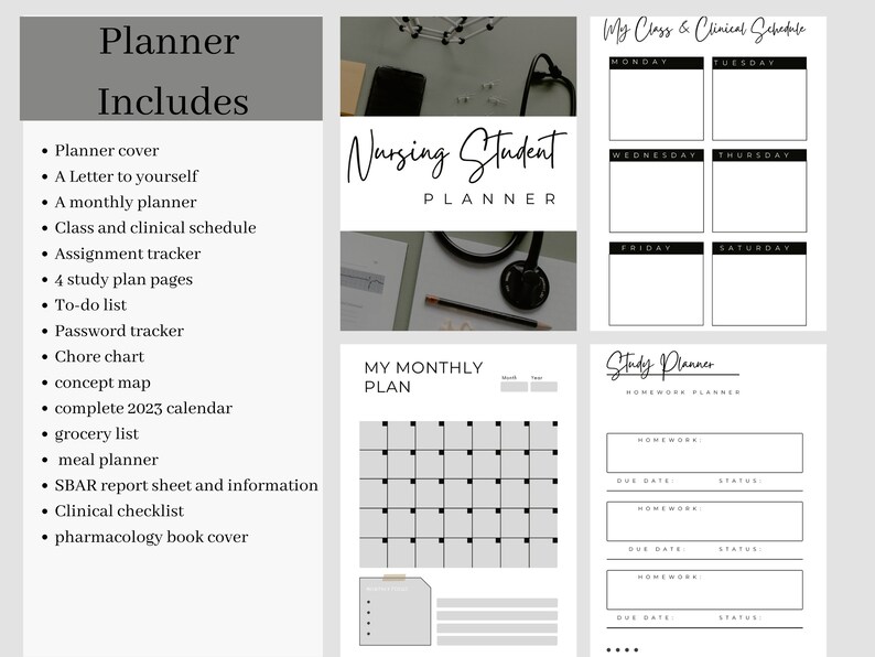 May include: A printable nursing student planner with a black and white design. The planner includes a monthly calendar, class and clinical schedule, study plan pages, to-do list, and more.