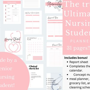 May include: A pink and white nursing student planner with 31 pages, including a report sheet, 2023 calendar, concept maps, meal planner, grocery list, and cleaning schedule. The planner is designed by a senior nursing student.