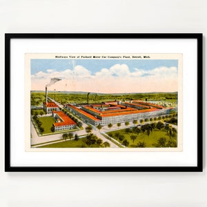 May include: An aerial view postcard of the Packard Motor Car Company's plant in Detroit, Michigan. The postcard shows a large factory complex with red roofs and a smokestack.