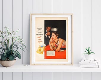 May include: A vintage advertisement for Old Gold cigarettes featuring a woman in a glamorous setting. The text reads "For a Treat instead of a Treatment... remember OLD GOLD treats you right."
