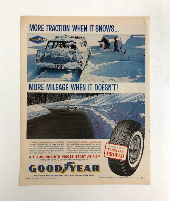 kaodaly　Goodyear ヴィンテージ広告　ペーパー 1960 Goodyear Tires Magazine Ad - Winter Snow Advertising Art - Etsy