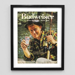 1960&#39;s Budweiser Magazine Ad Print, Fishing Poster, Beer Decor